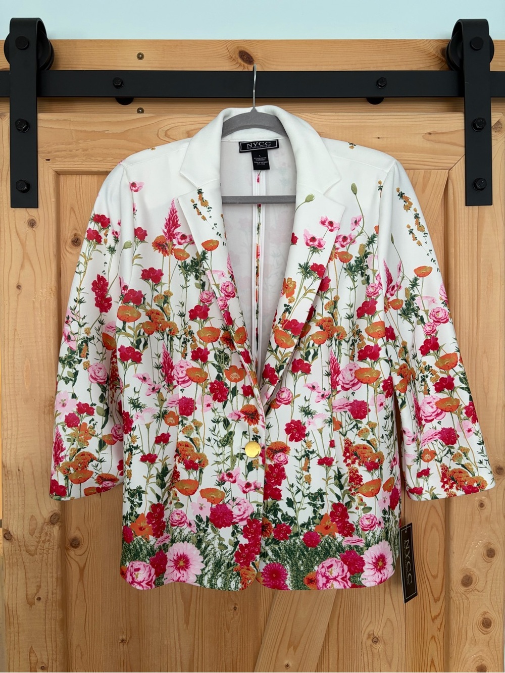 NYC White Floral Blazer with Pink, Red and Orange Blooms
